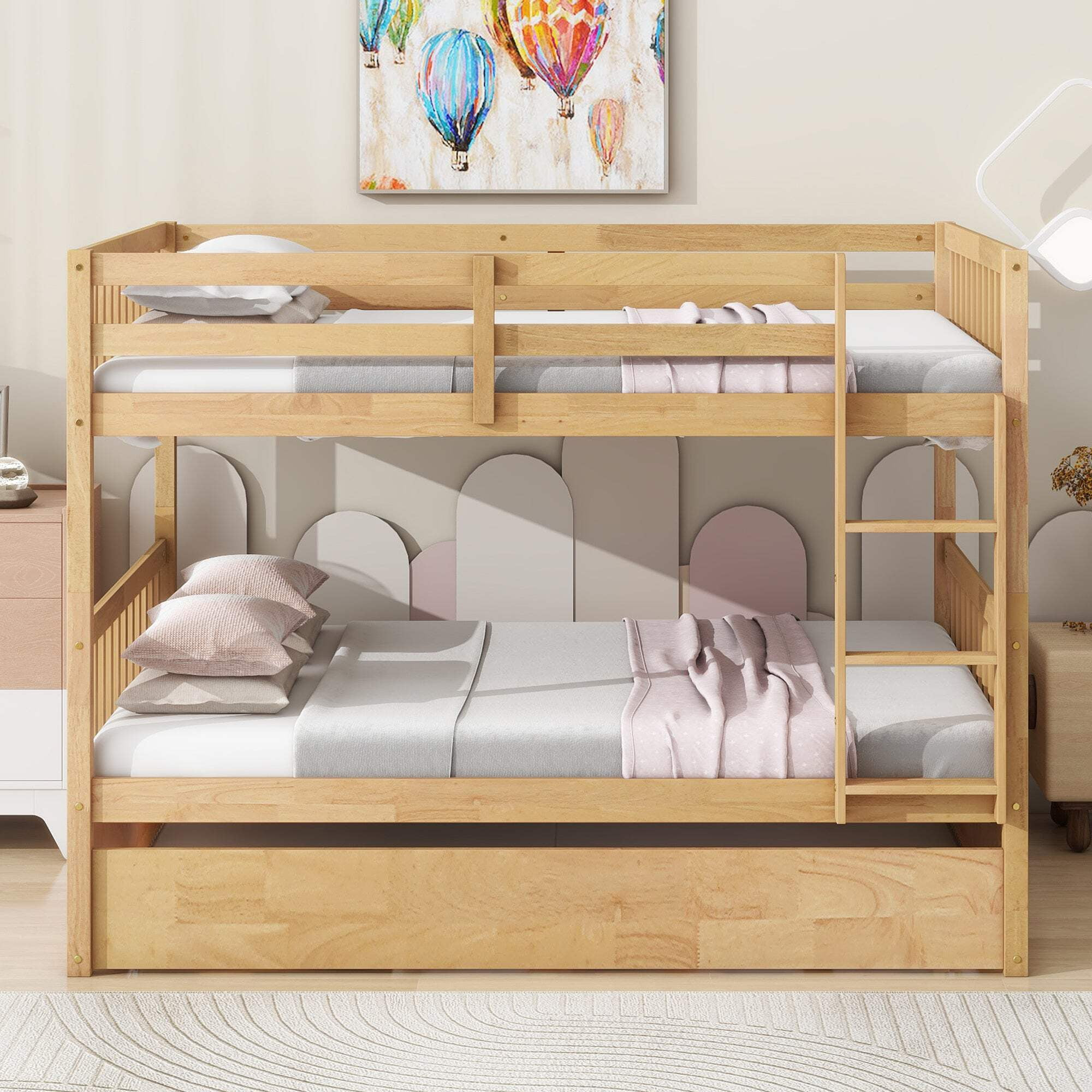 Full Over Full Rubber Wood Bunk Bed With Trundle, Ladder And Guardrails ... throughout Making the Most of Your Twin Over Full Trundle Bed Configuration