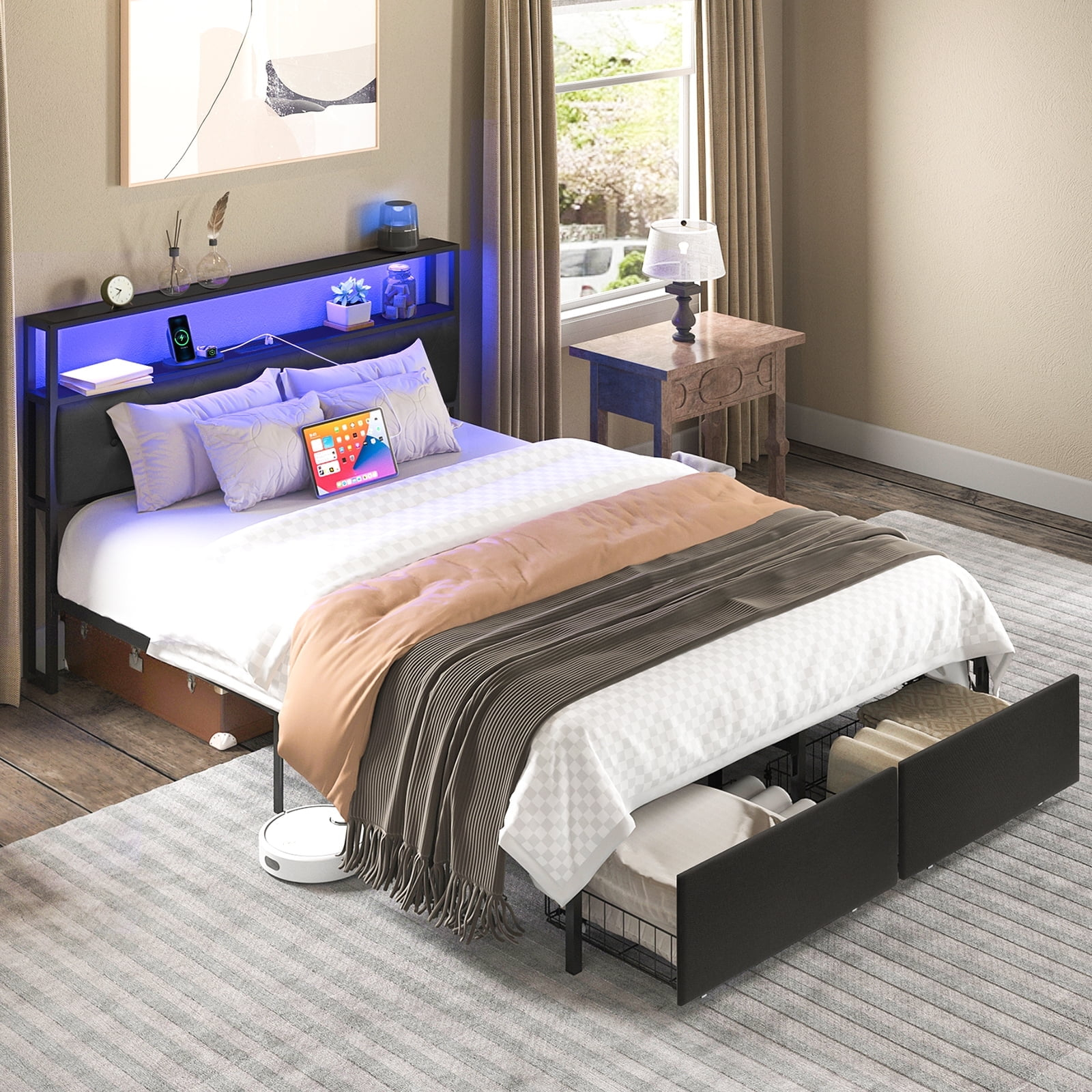 Full Size Bed Frame With 2 Drawers, Metal Platform Bed Frame With ... within Black Full Size Bed Frame With Storage