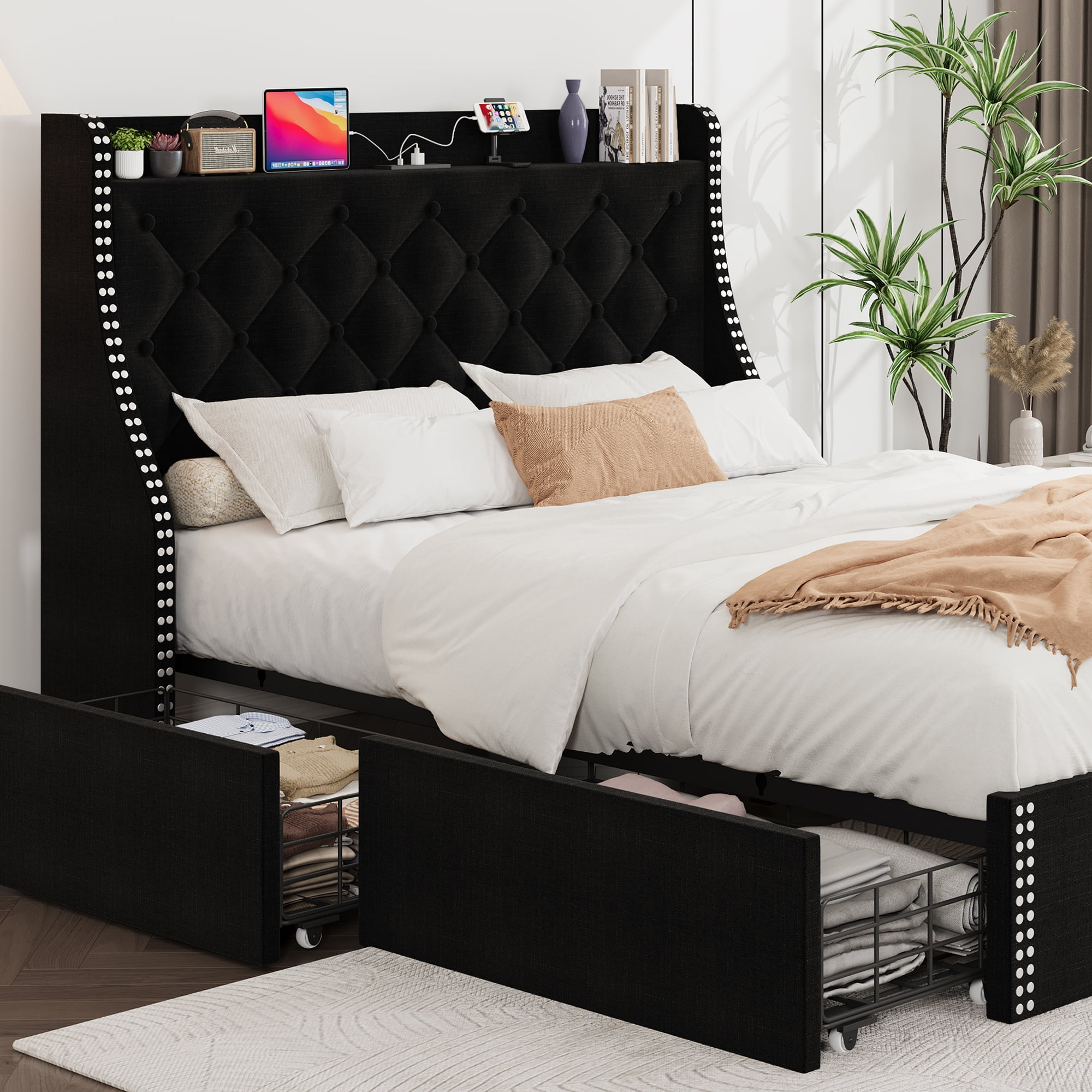 Full Size Bed Frame With Wingback Headboard, 4-Drawer Velvet ... throughout Transforming Your Bedroom Layout with Black Full Size Bed Frames Including Storage