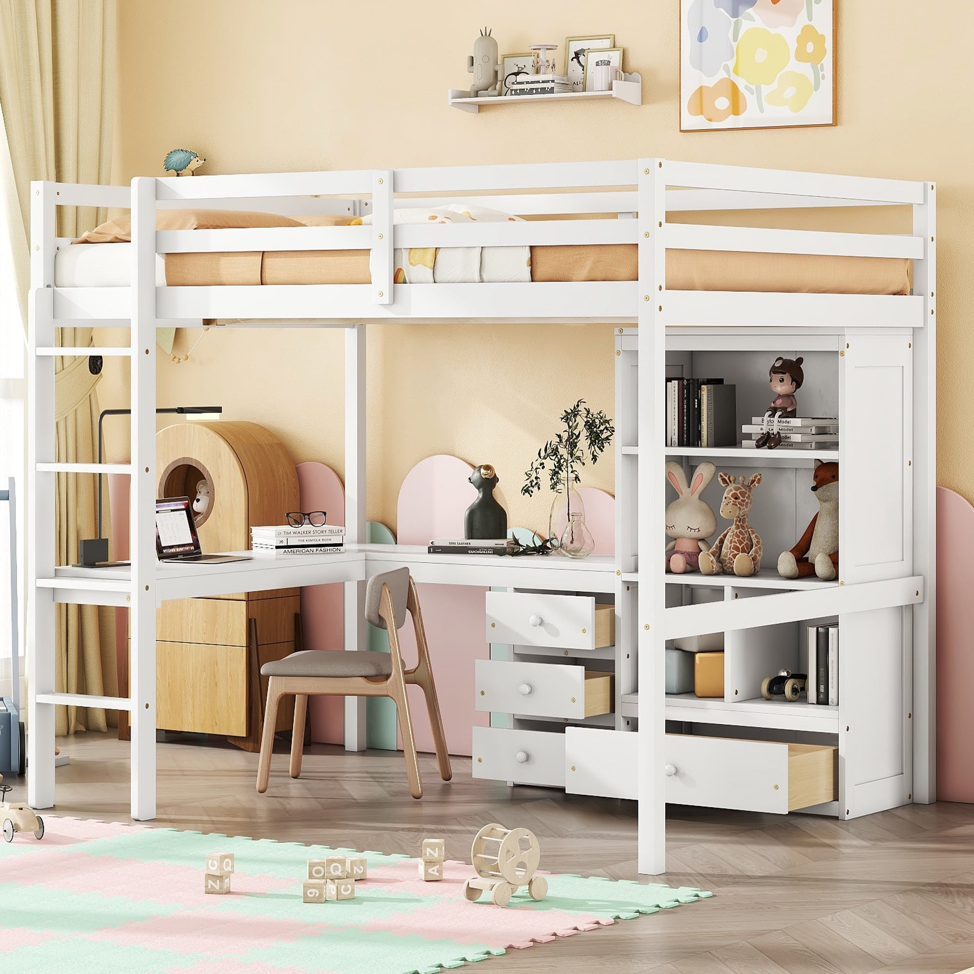 Full Size Loft Wood Bed With Desk, Storage Shelves And Drawers, Built ... regarding Maximizing Small Spaces with Smart Bed Desk and Storage Solutions