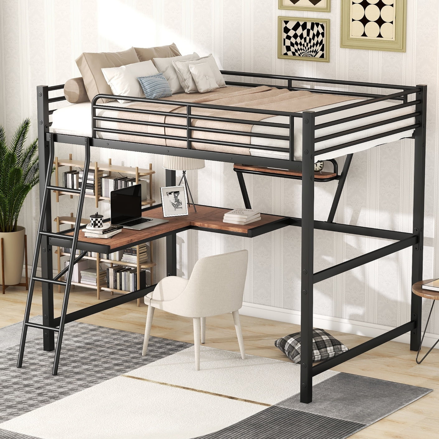 Full Size Metal & Mdf Loft Bed, Heavy Duty Bed Frame With Desk And ... intended for Space Saving Loft Bed With Desk
