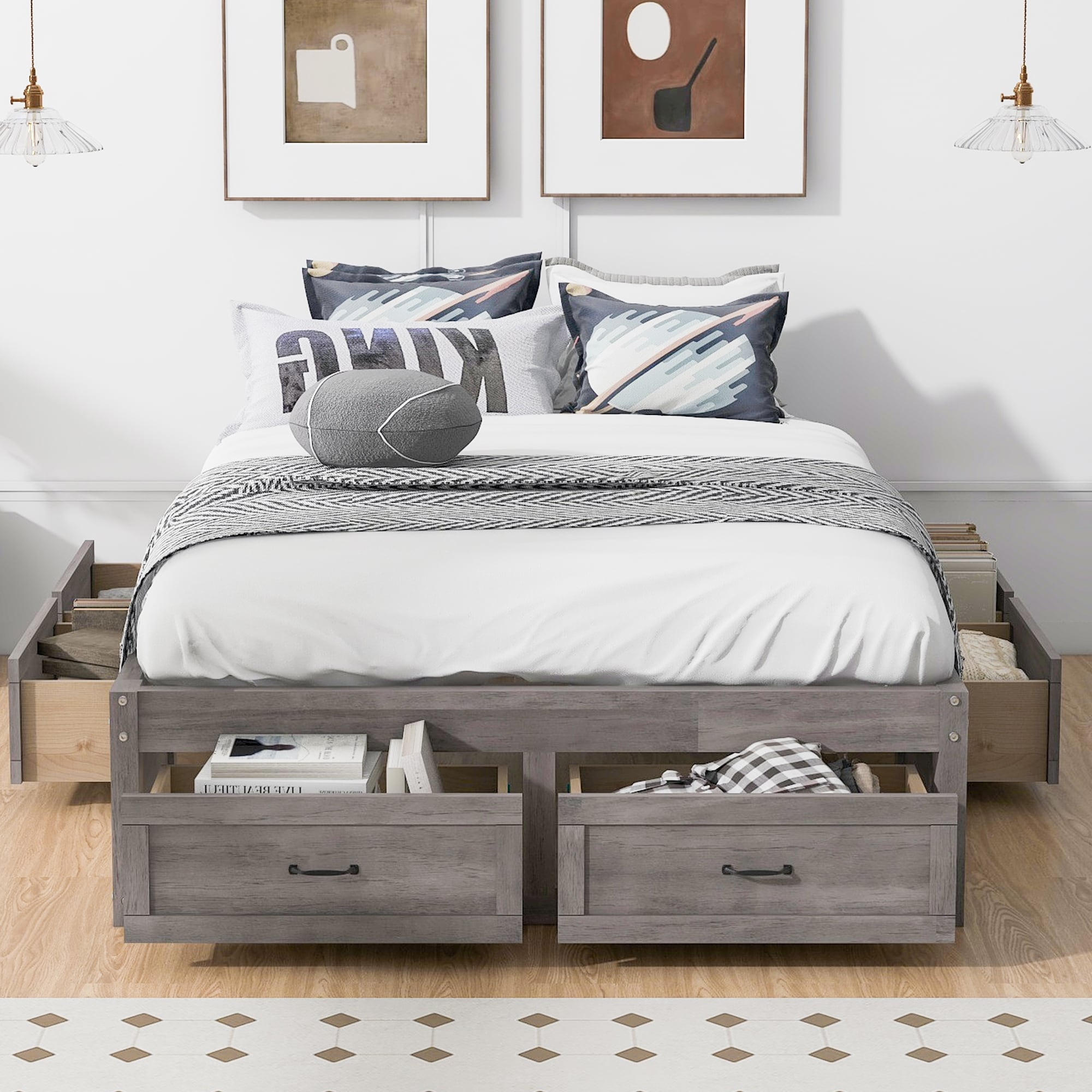 Full Size Platform Bed Frame With 6 Storage Drawers - Antique Gray ... within Full Size Bed With Drawers
