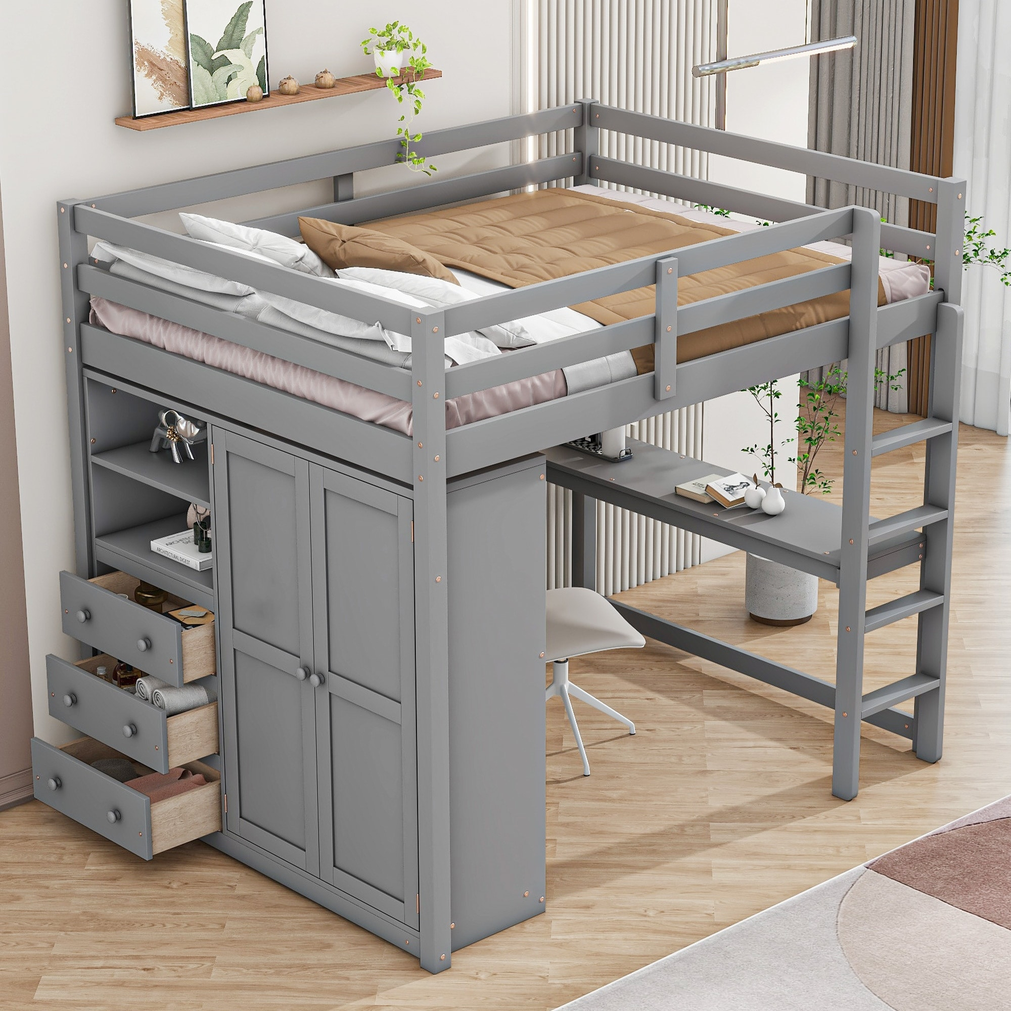 Full Size Wood Loft Bed With Built-In Desk,Wardrobe,Storage Shelves And ... with regard to Loft Bed With Storage Drawers