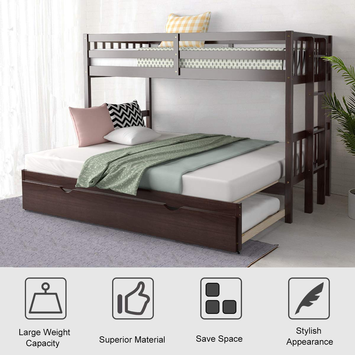Giantex Twin Over Pull-Out Bunk Bed With Trundle, Solid Wood Bunk Bed ... throughout The ultimate guide to bunk bed pull out mattress comfort and support