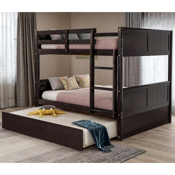 Harper & Bright Designs Espresso Full Over Full Bunk Bed With Twin ... throughout Full over queen bunk bed with trundle vs traditional beds what works best