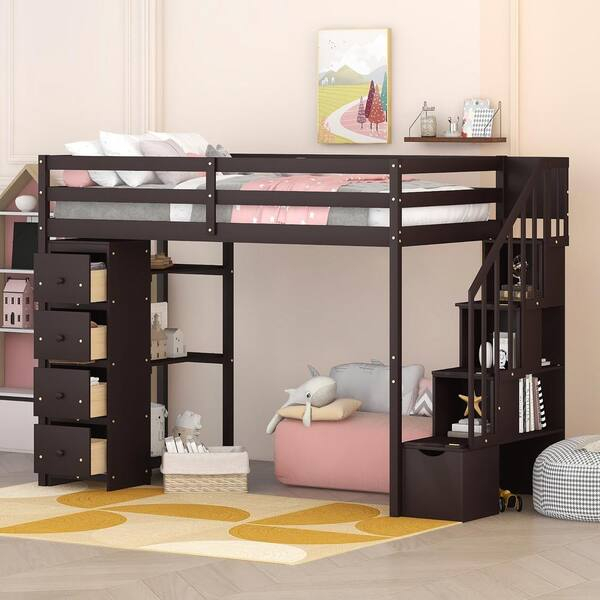 Harper & Bright Designs Espresso Twin Size Wooden Loft Bed With Shelves ... regarding Stairs With Drawers For Loft Bed