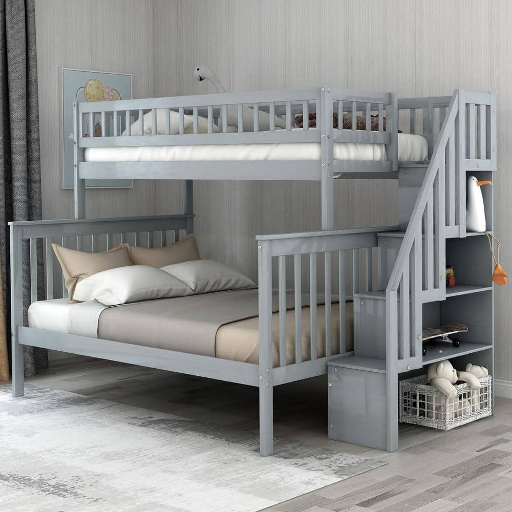 Harper & Bright Designs Gray Twin Over Full Stairway Bunk Bed With ... for Gray Bunk Bed With Stairs