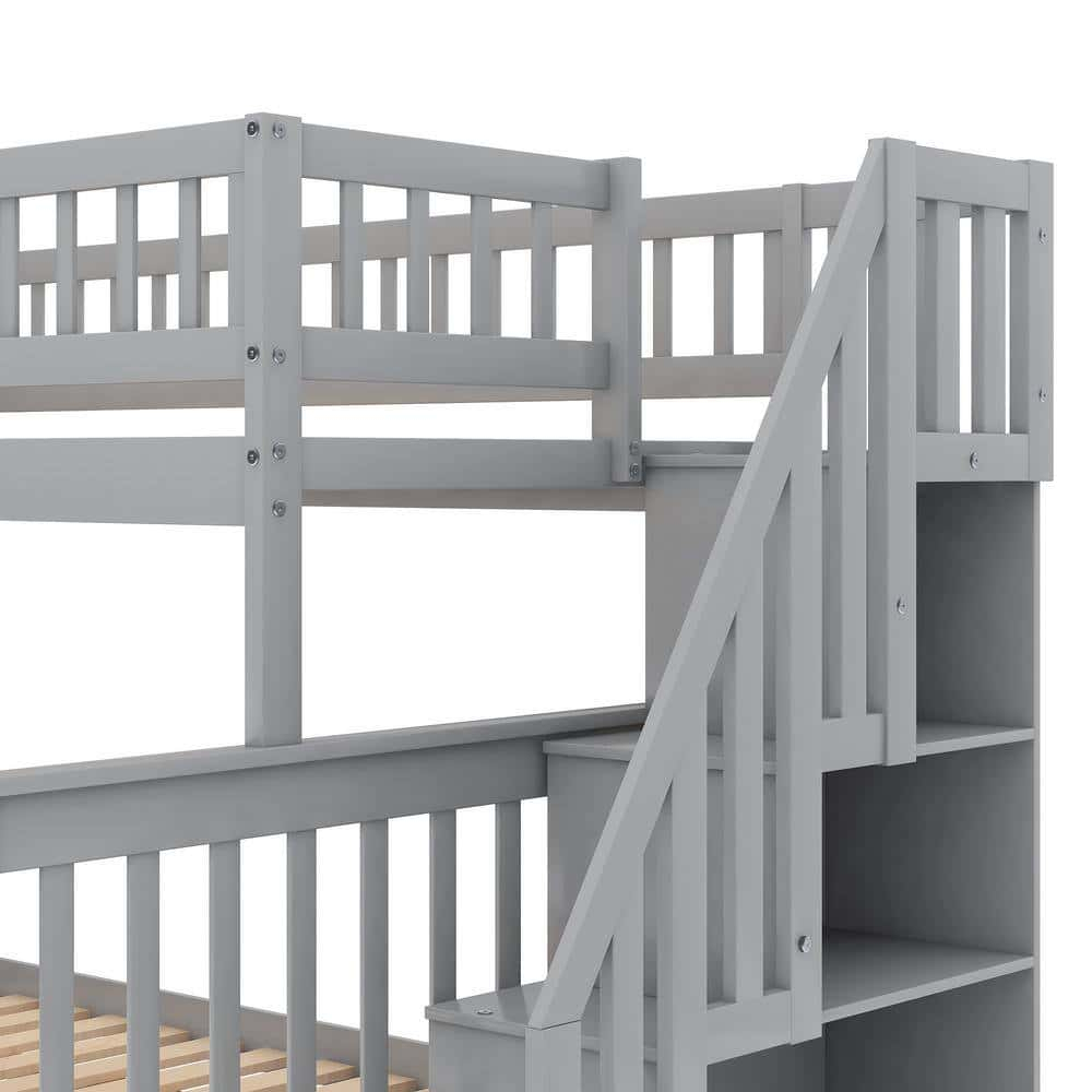 Harper & Bright Designs Gray Twin Over Full Stairway Bunk Bed With ... pertaining to How to Choose the Perfect Gray Bunk Bed with Built-in Stairs for Your Home