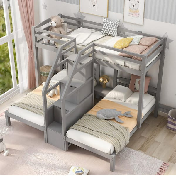 Harper & Bright Designs Gray Twin Over Twin And Twin Bunk Bed With ... pertaining to Twin Over Twin Bunk Bed With Stairs