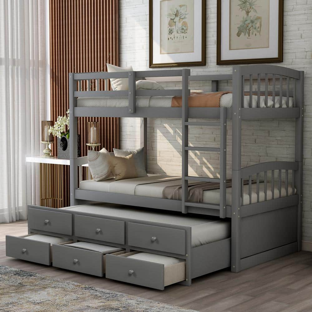 Harper & Bright Designs Gray Twin Over Twin Wooden Bunk Bed With Twin ... pertaining to Double bunk bed with trundle space-saving solution for small bedrooms