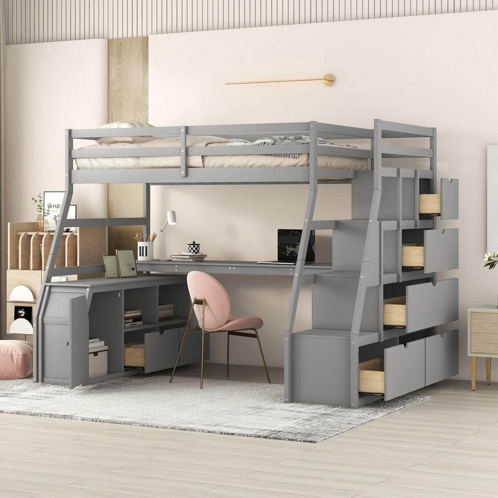 Harper & Bright Designs Gray Twin Size Loft Bed With Built- In Desk, 7 ... pertaining to Loft Bed With Dresser And Desk