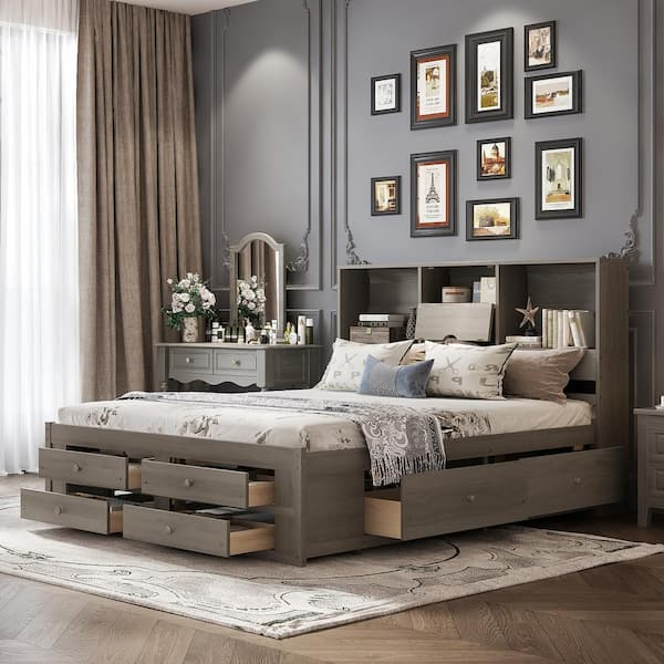 Harper & Bright Designs Gray Wood Frame King Size Platform Bed With ... throughout King Size Wooden Storage Bed Frame
