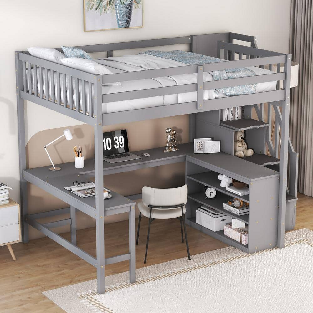 Harper & Bright Designs Gray Wood Full Size Loft Bed With L-Shaped Desk ... intended for Understanding the Structural Benefits of Full Size Stair Loft Bed Designs
