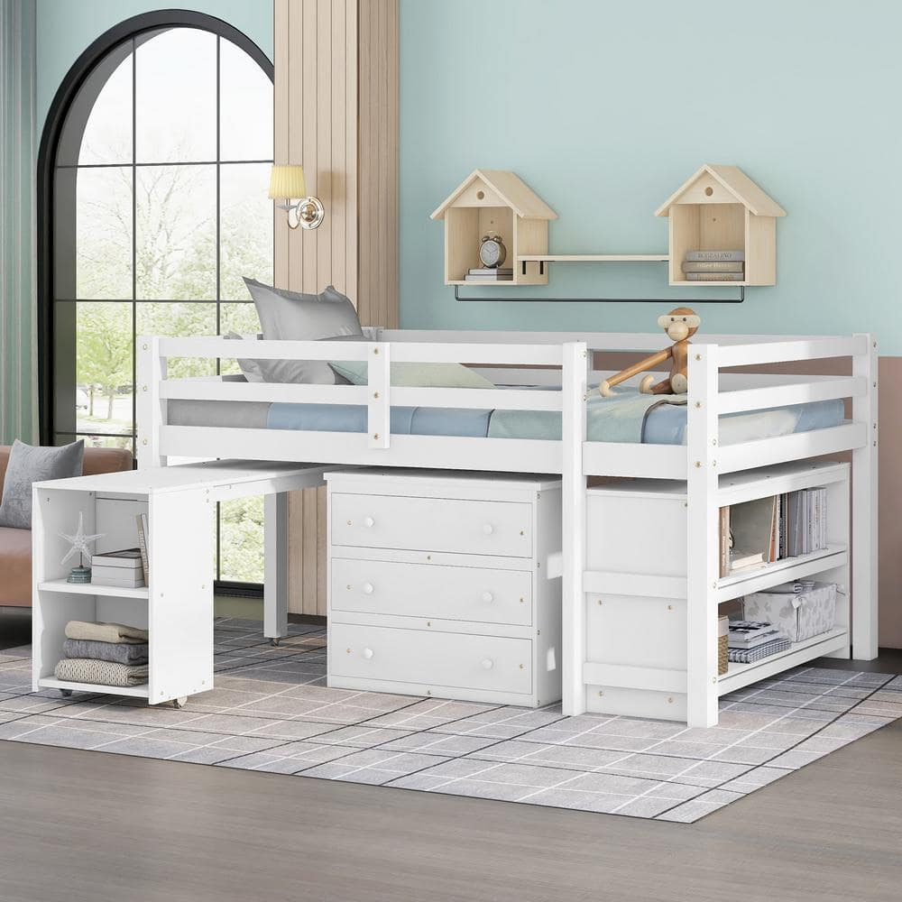 Harper & Bright Designs White Full Size Low Study Loft Bed With Cabinet ... inside Loft Bed With Dresser And Desk
