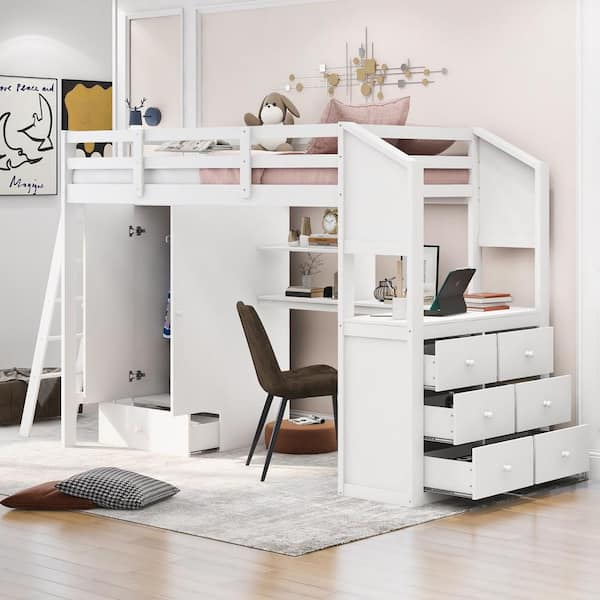 Harper & Bright Designs White Twin Loft Bed With Wardrobe, 7-Drawers ... regarding Twin Loft Bed With Dresser