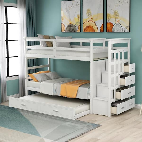 Harper & Bright Designs White Twin Over Twin Wood Bunk Bed With Trundle ... throughout Everything You Need to Know About White Bunk Beds with Trundle Design