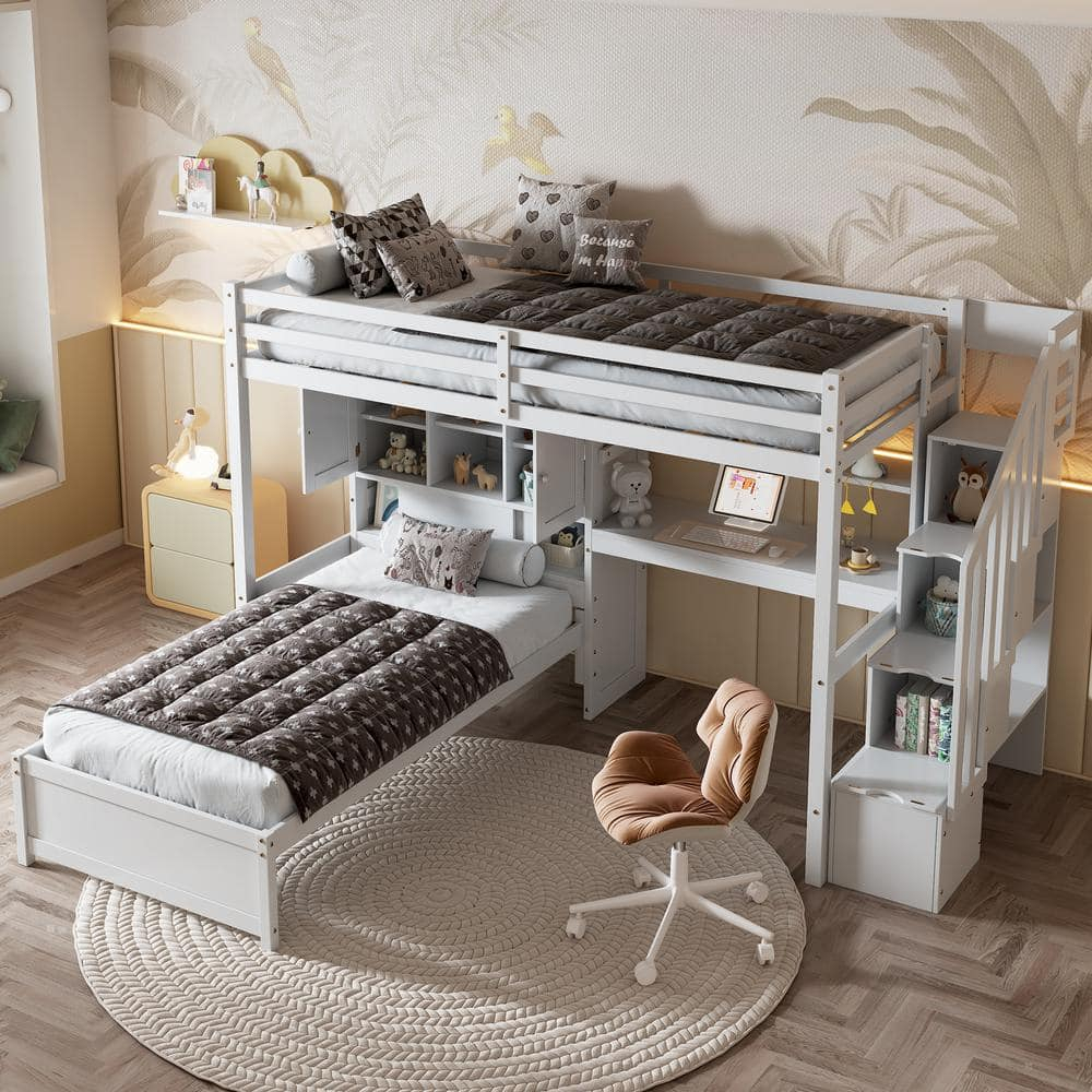Harper & Bright Designs White Twin Over Twin Wooden Loft Bed With Built ... throughout Bed With Desk And Storage