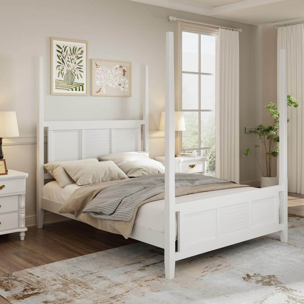 Harper & Bright Designs White Wood Frame King Size Traditional 4-Poster ... within Wooden 4 Poster Bed Frame