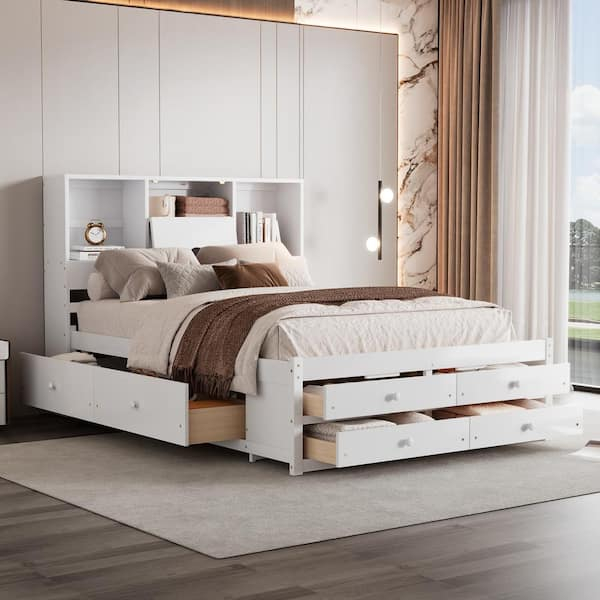 Harper & Bright Designs White Wood Frame Queen Size Platform Bed With ... within Transforming Your Bedroom Layout with Queen Platform Beds That Store Everything