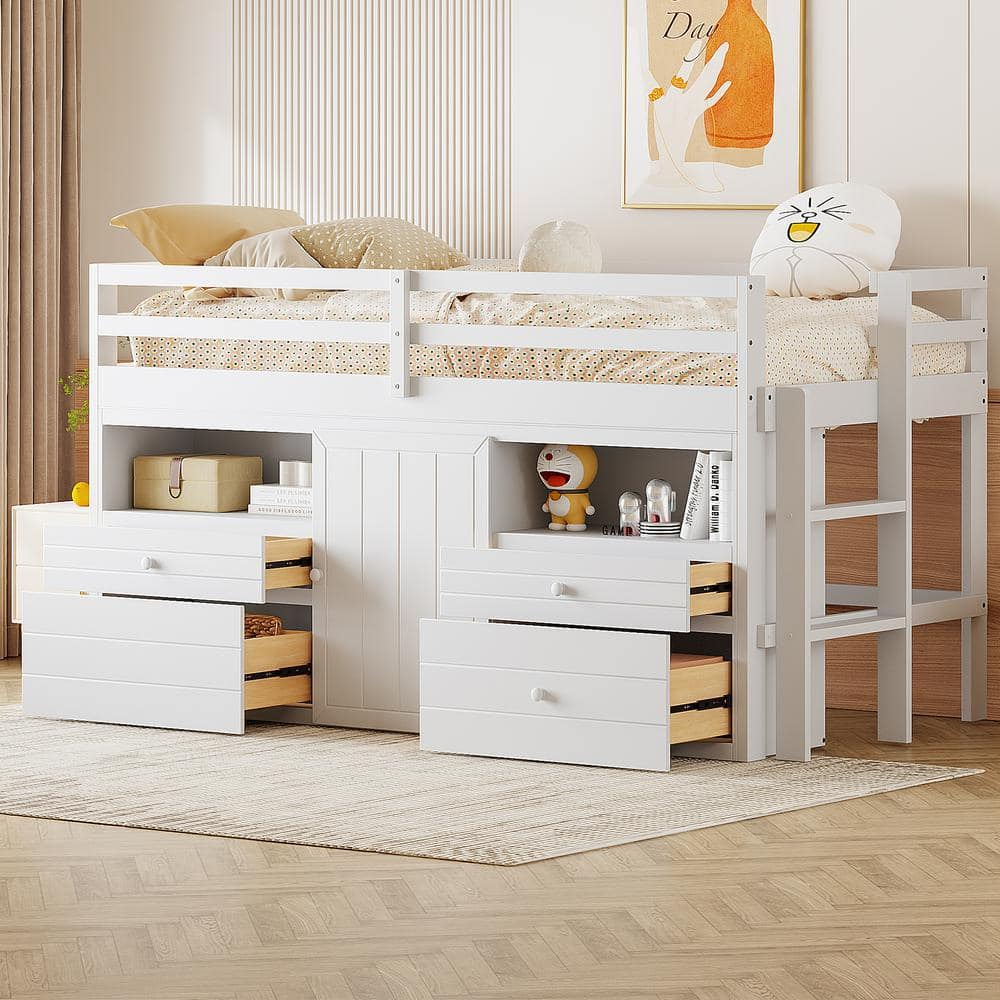 Harper & Bright Designs White Wood Frame Twin Size Loft Bed With 4 ... within Maximizing Small Spaces with Twin Loft Bed and Dresser Combinations