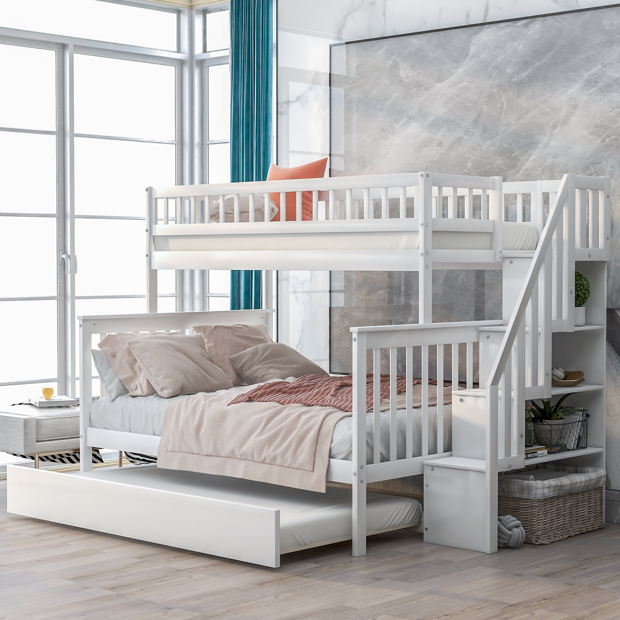 Harper&Bright Designs Twin Over Full Bunk Bed With Stairs And Storage ... in Common Mistakes Parents Make When Setting Up Bunk Bed Stairs