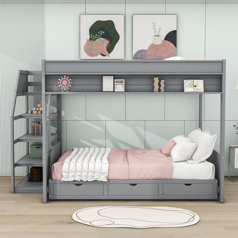 Harriet Bee Harsirat Full Over Full 3 Drawer Futon Bunk Bed With Built ... with Full Over Full Futon Bunk Bed