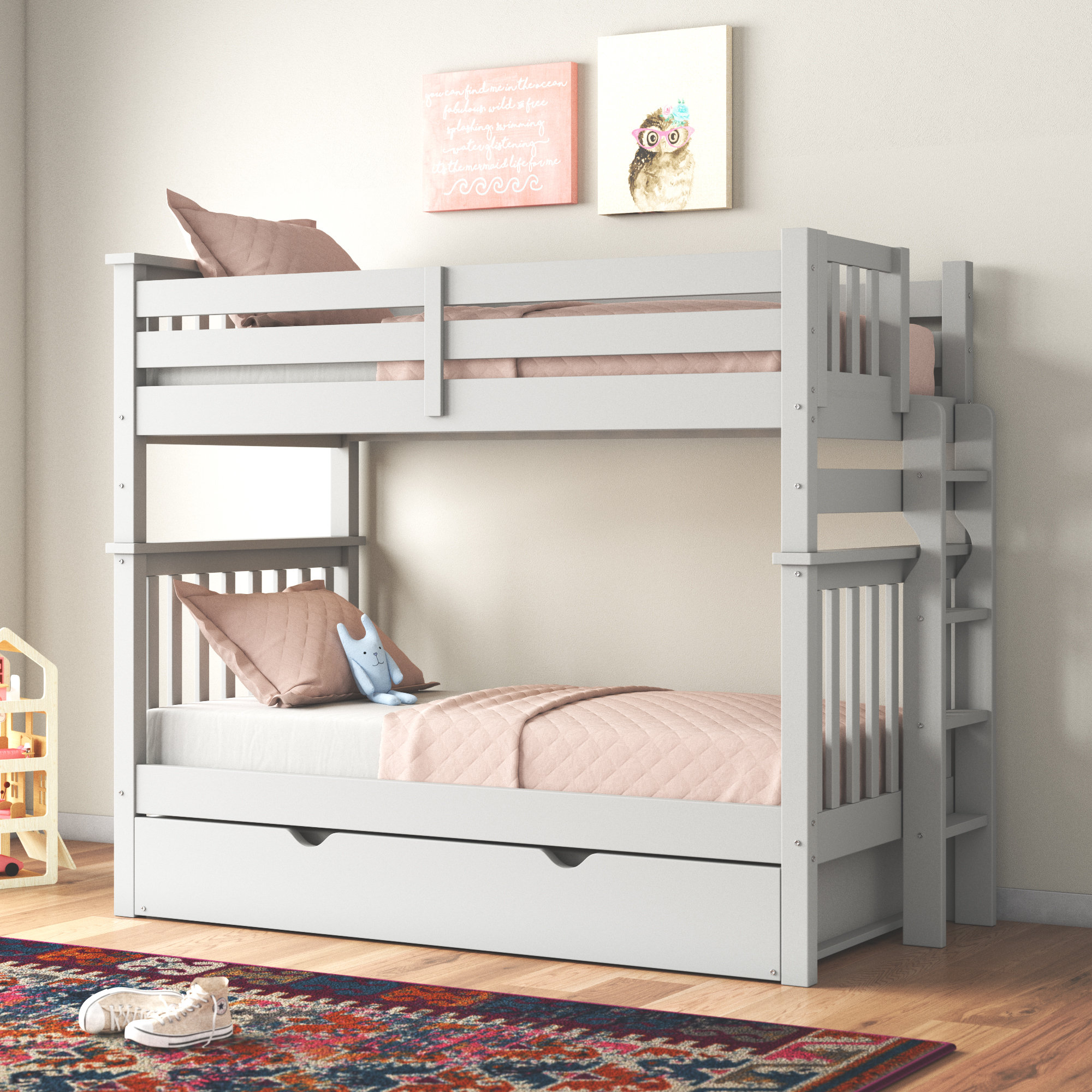 Harriet Bee Treva Solid Wood Standard Twin Over Twin Bunk Beds With End ... in Solid Wood Twin Bunk Beds