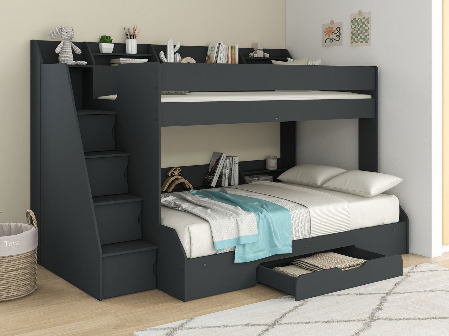 Harvard Grey Double Bunk Bed With Stairs And Shelves throughout Grey Bunk Bed With Stairs