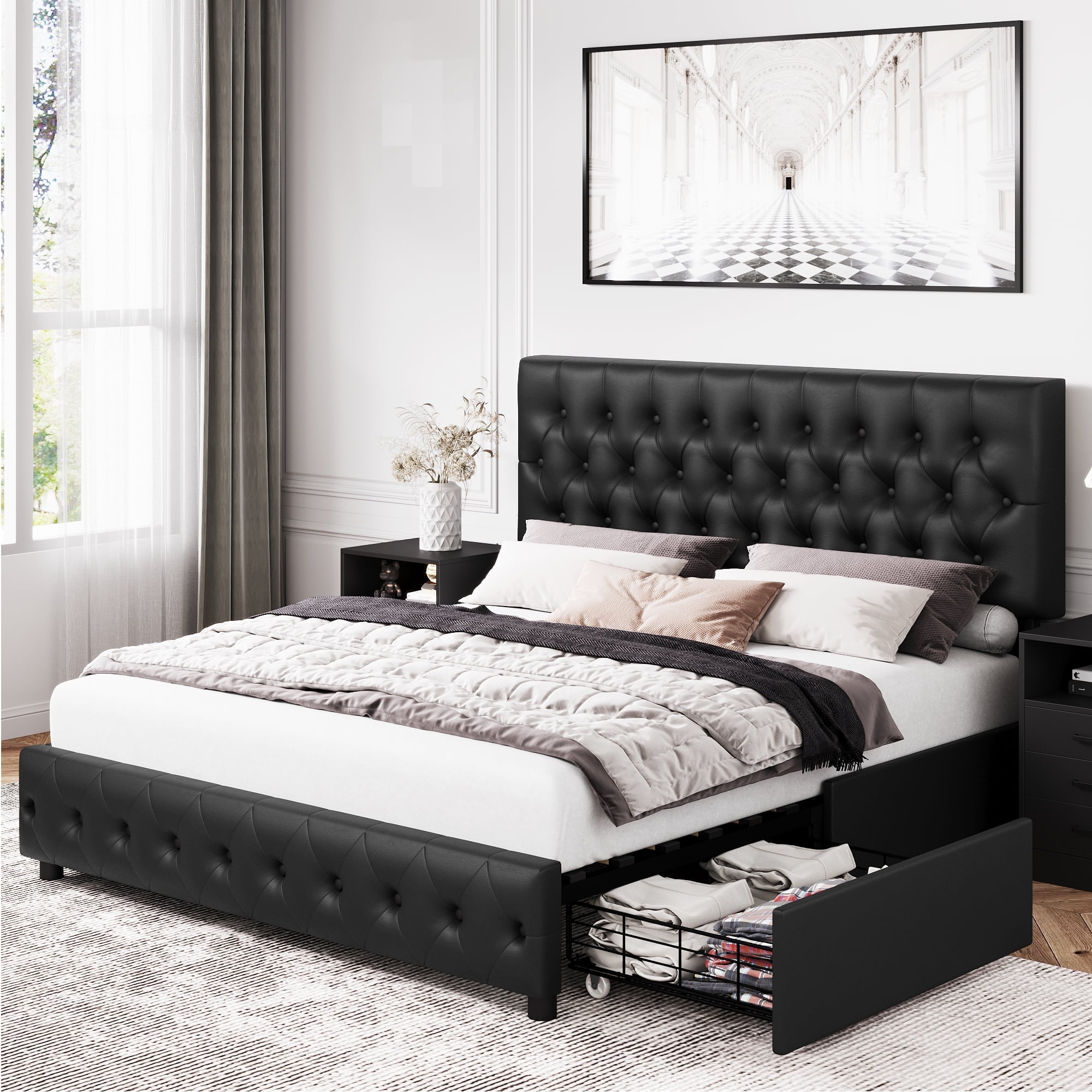 Homfa Full Black Bed Frame With 4 Storage Drawers, Faux Leather ... within Black Full Size Bed With Storage