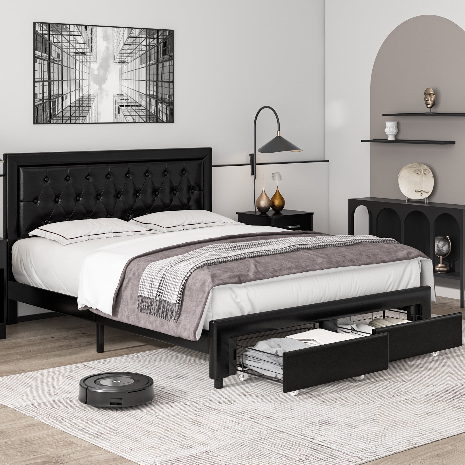 Homfa Full Size Bed Frame, Built-In Storage, Pu Leather, Adjustable ... for Black Full Size Bed Frame With Storage