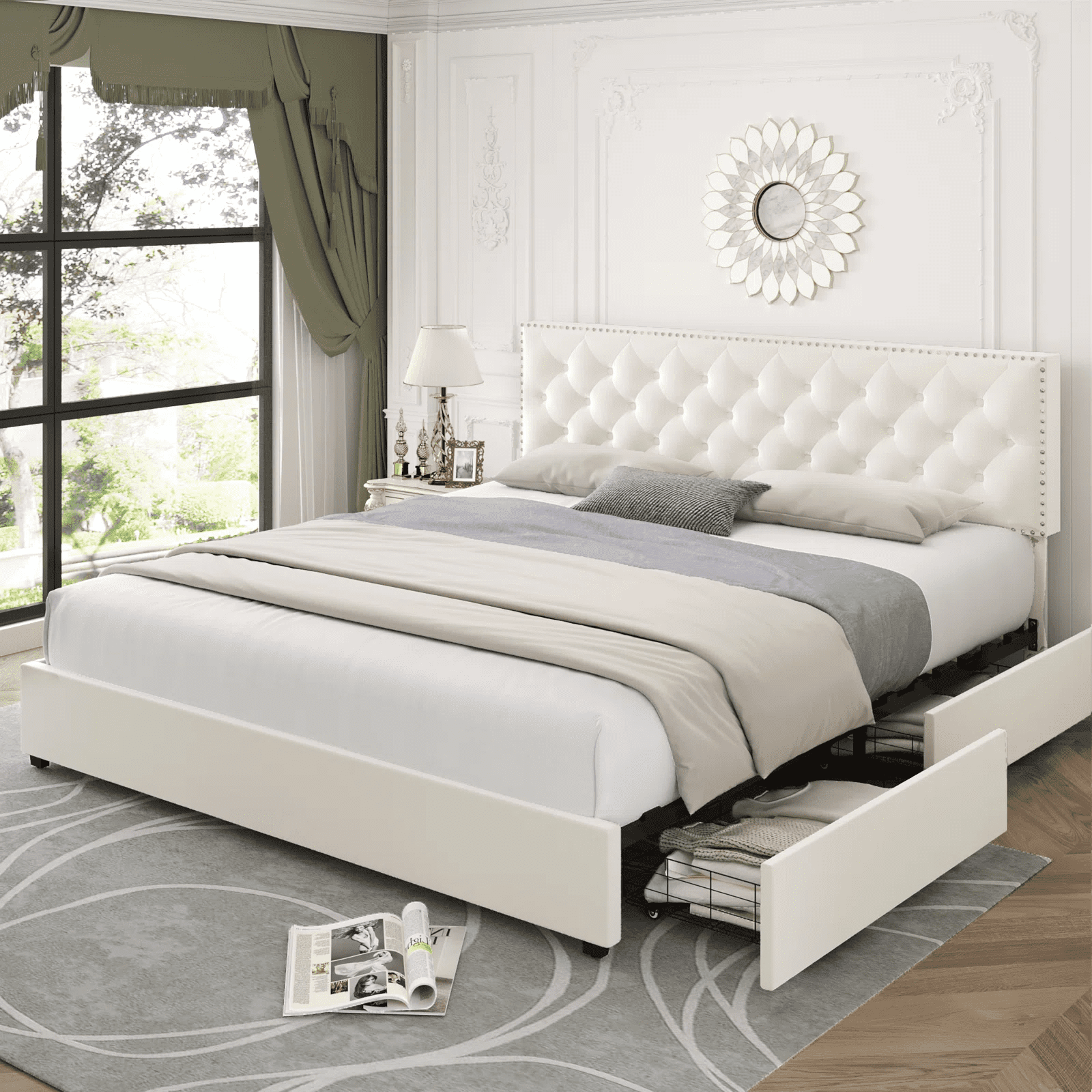 Homfa King Size Bed With 4 Storage Drawers, Velvet Upholstered Platform ... inside White Bed Frame With Drawers