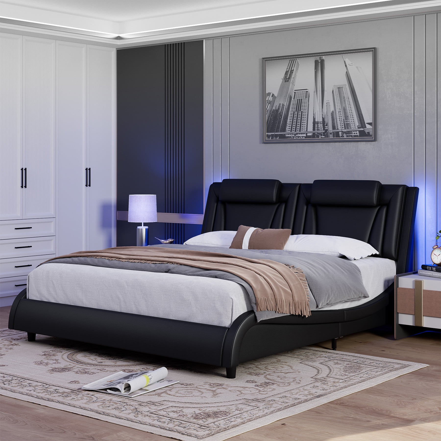 Homfa King Size Led Bed Frame, Pu Leather Upholstered Curved Platform ... pertaining to The Science Behind Sleep Positioning and Adjustable Bed Frames