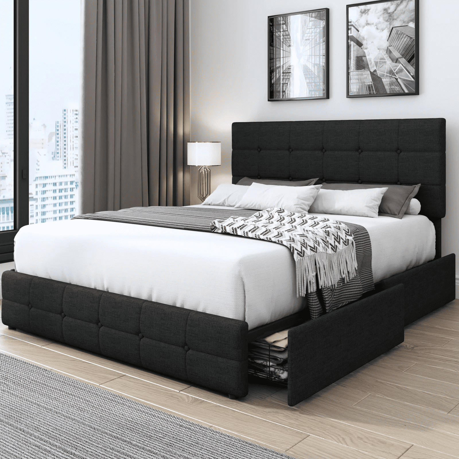 Homfa Queen Bed Frame With 4 Drawers, Adjustable Headboard, Black ... pertaining to How to Choose the Right Black Platform Bed with Hidden Storage