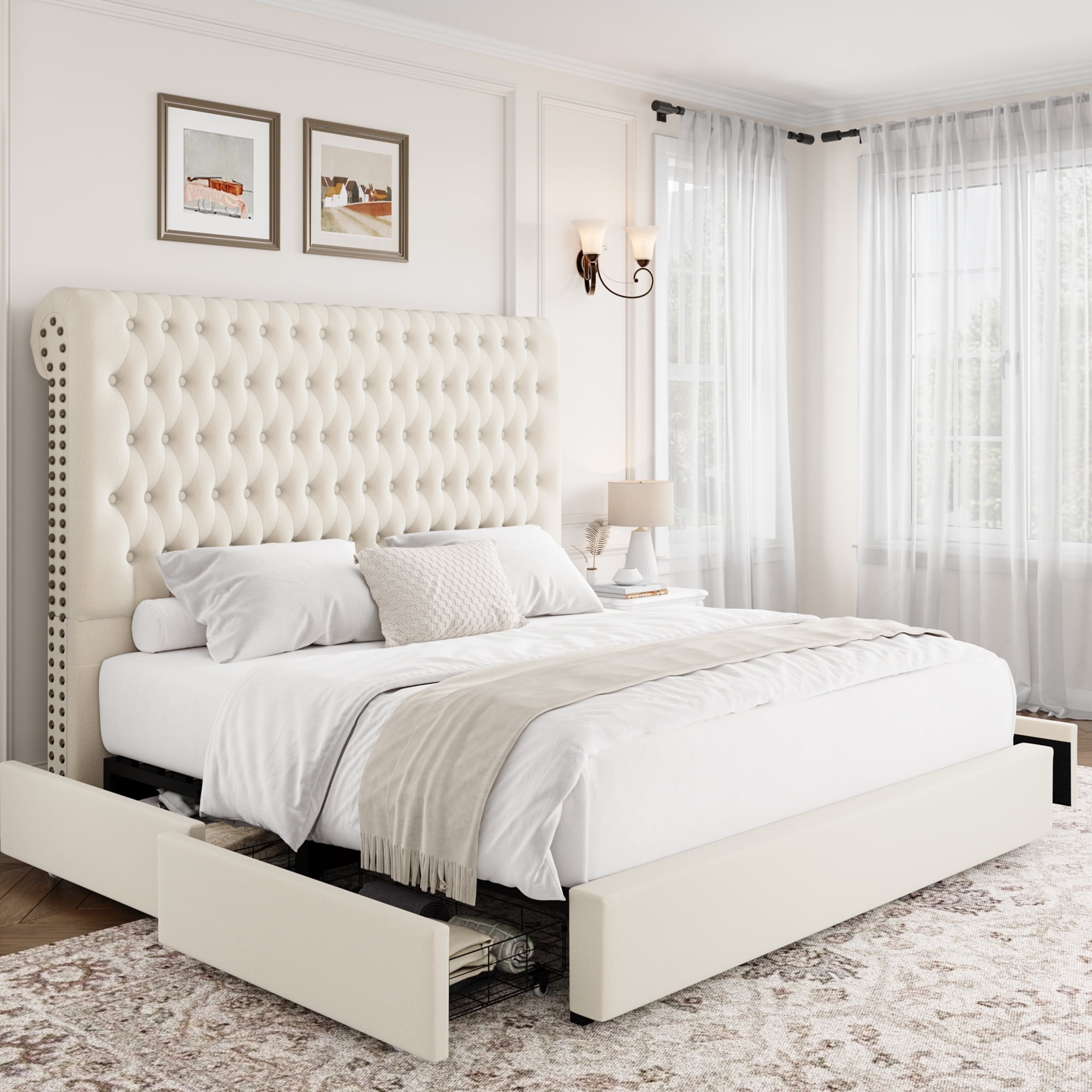 Homfa Queen Size Bed Frame With Tall Headboard, Sturdy Upholstered ... intended for Queen Storage Bed Frame With Headboard