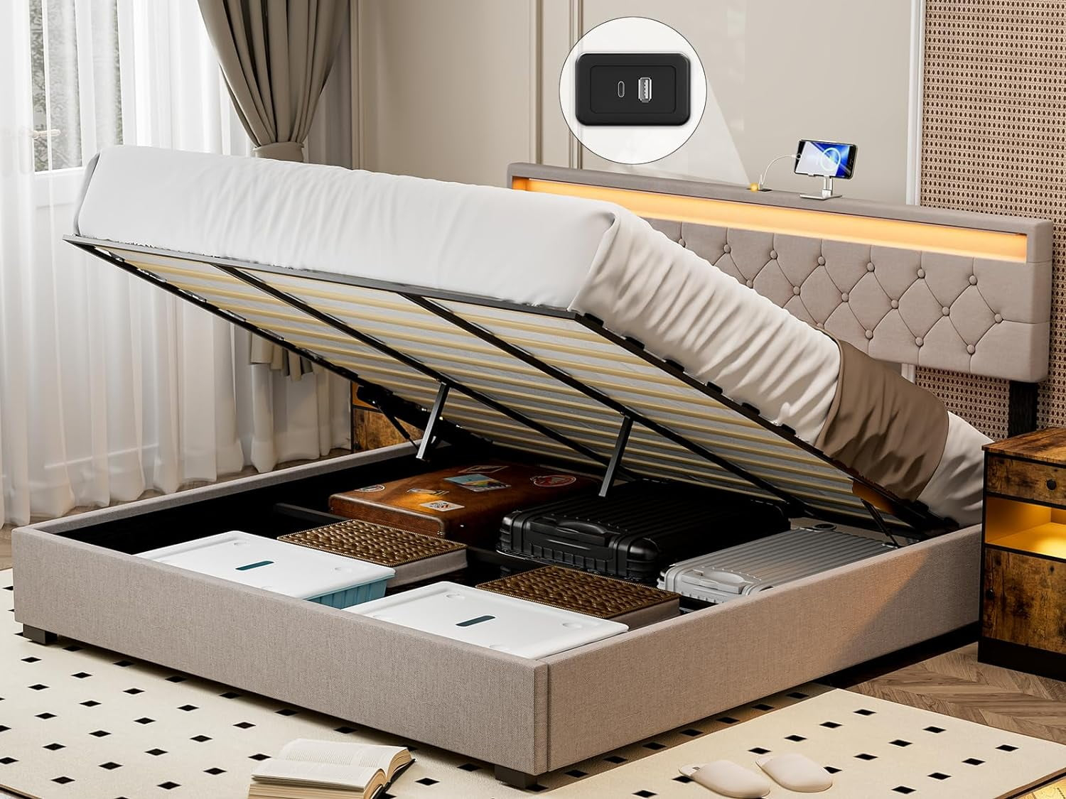Ikifly California King Size Lift Up Storage Bed, Upholstered Cal King ... for Understanding the benefits of storage bed frames