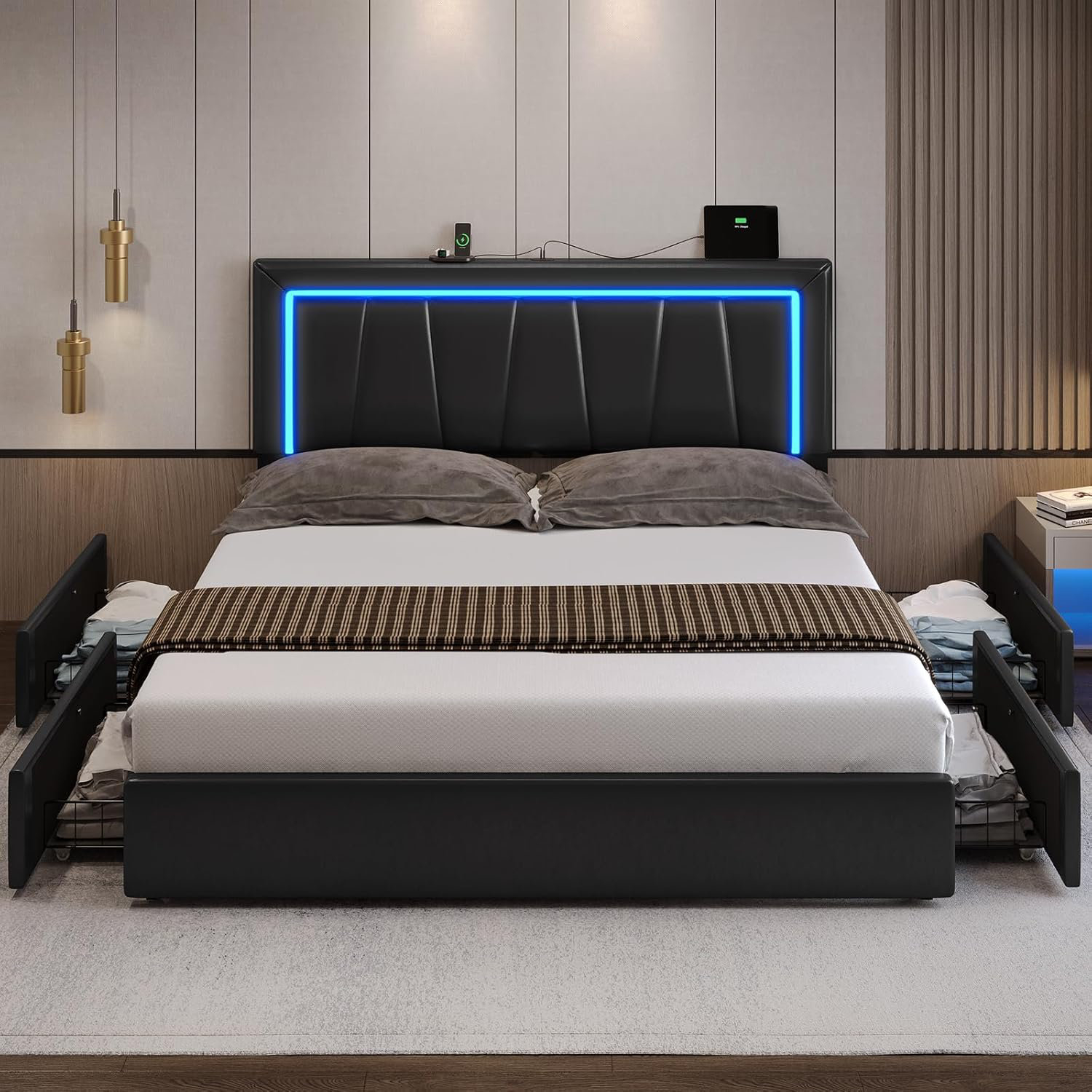 Ivy Bronx California King Bed Frame With 4 Storage Drawers And Led ... intended for California King Bed Frame With Drawers