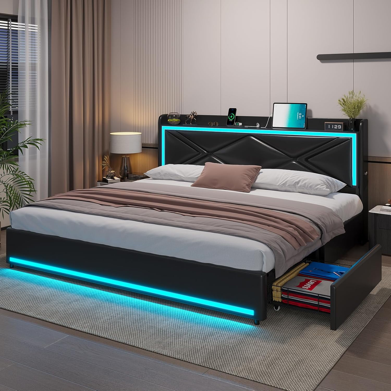 King Bed Frame With Storage Drawers And Led Lights, Pu Leather Platform ... with Maximizing Space with Black King Bed Frames That Offer Hidden Storage