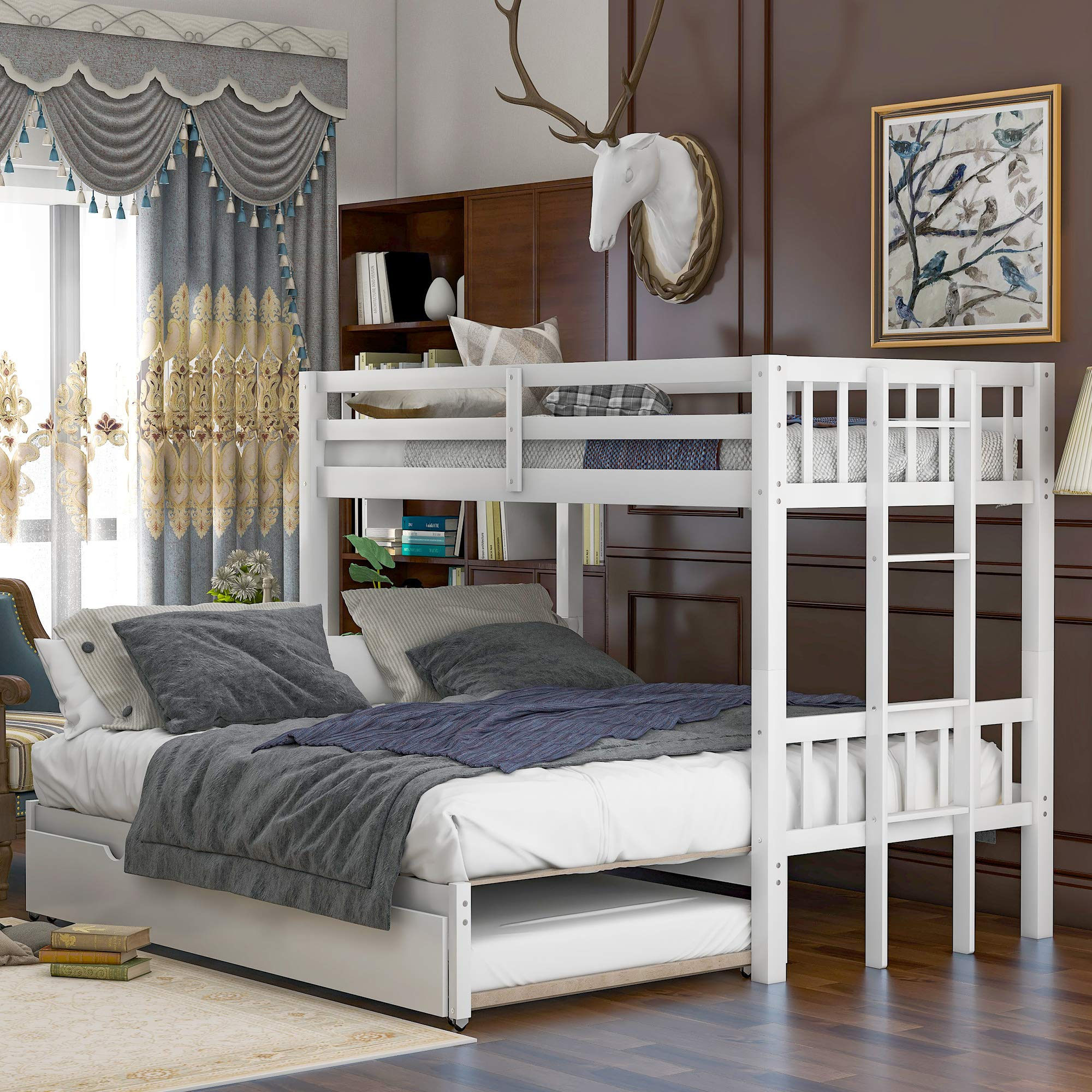 Klmm Twin Over Pull-Out Bunk Bed With Trundle, Wooden Twin Over Twin ... pertaining to Popular Full Under Twin Bunk Bed Styles That Fit Any Home Decor