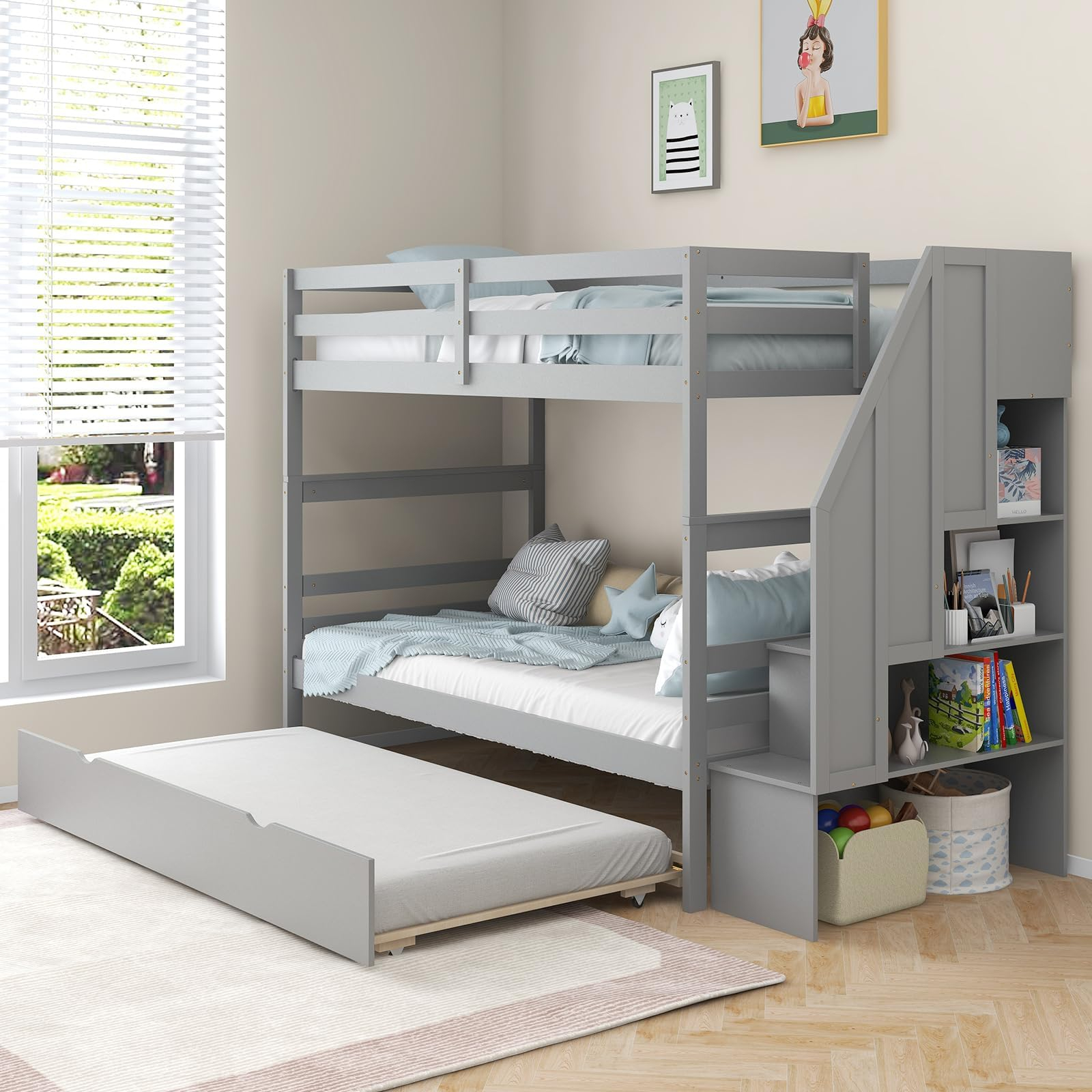Kotek Twin Over Twin Bunk Bed With Trundle And Stairs, Solid Wood Bunk ... regarding Maximizing Bedroom Space with Twin Bunk Beds and Trundle Designs