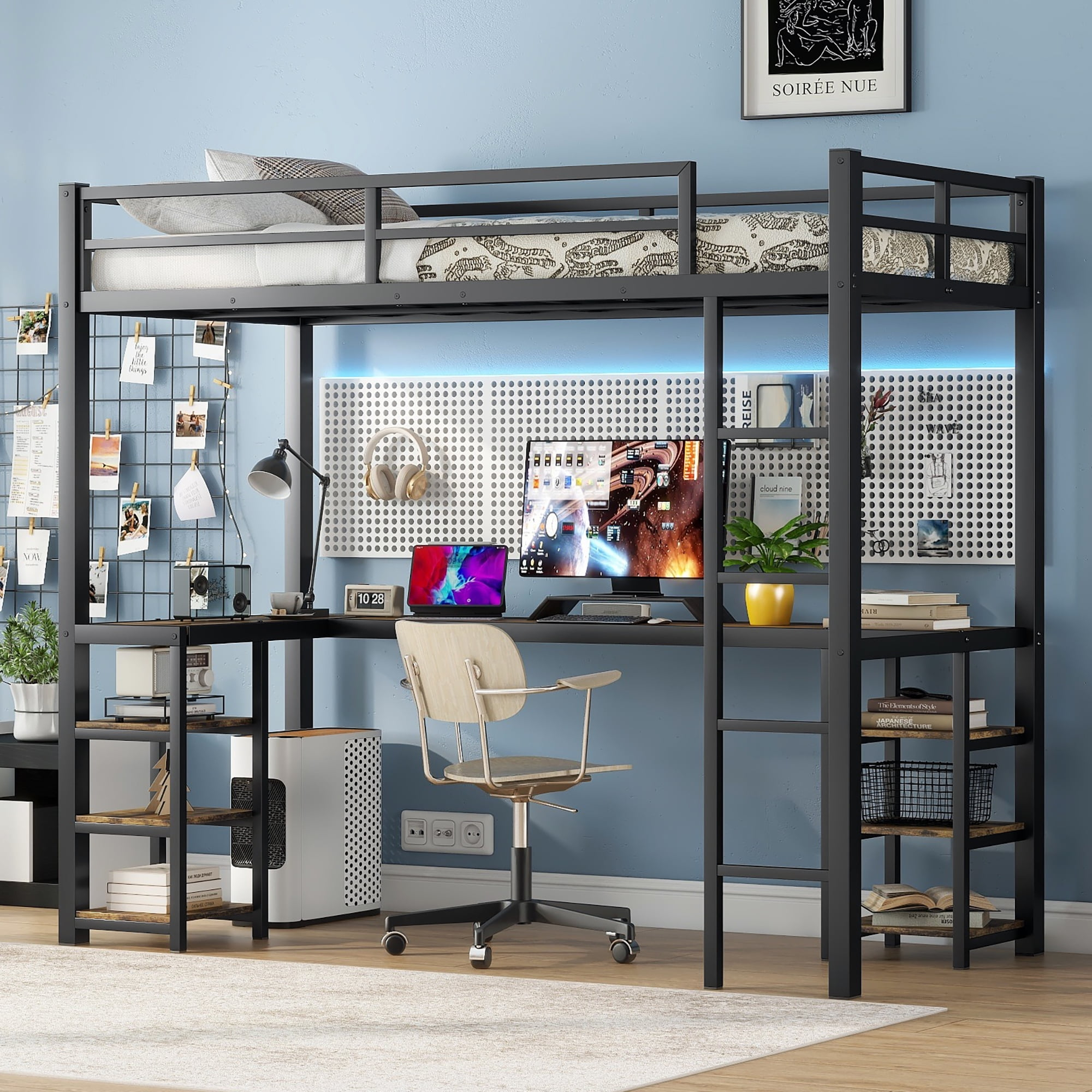 Kumix Loft Bed With Desk And Shelves, Metal Loft Bed Twin Xl Size With ... throughout Designing Efficient Multi-Purpose Bedroom Layouts