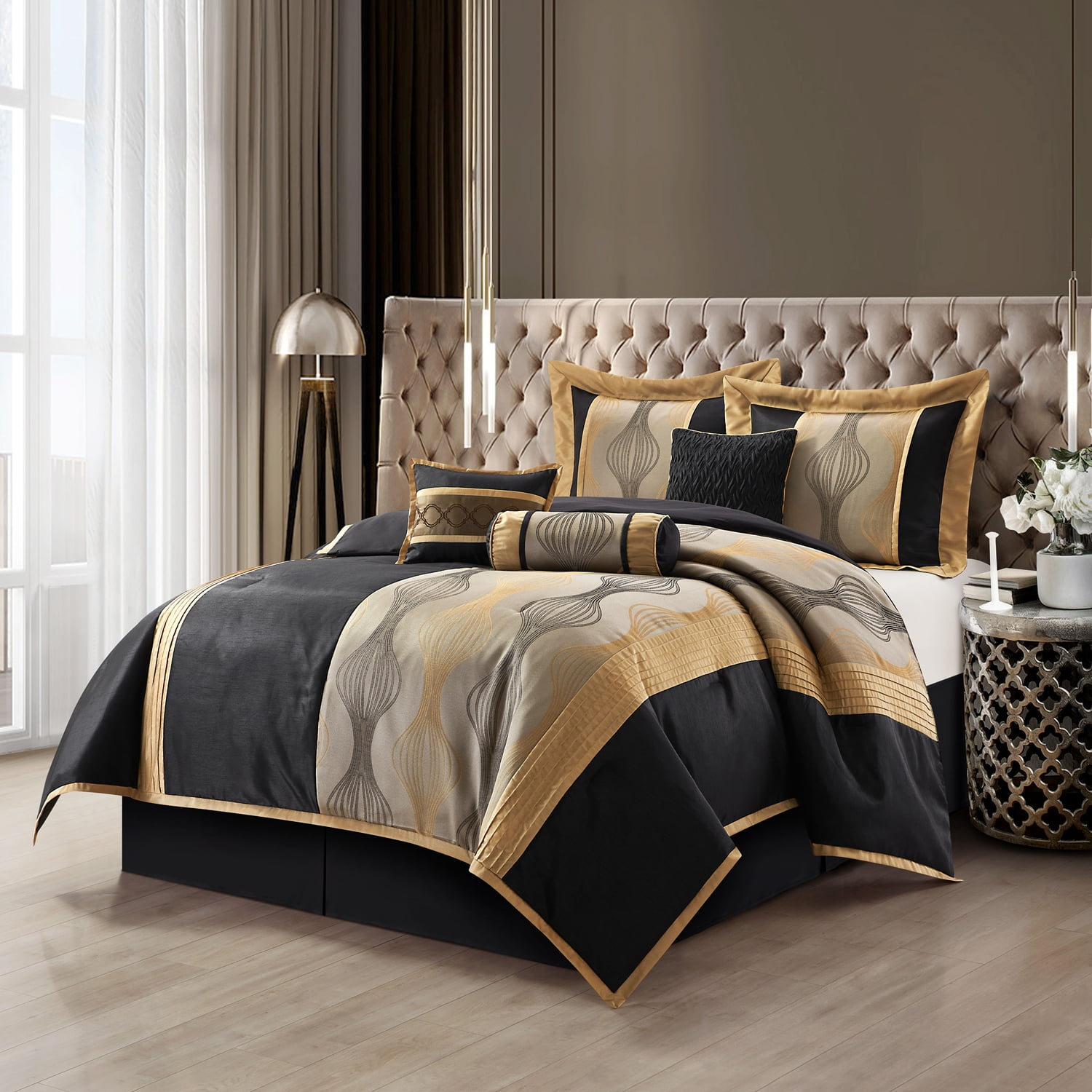 Lanco Black Gold Comforter Set , California King Size , 7 Pieces ... pertaining to Exploring the timeless appeal of black king size bedding sets