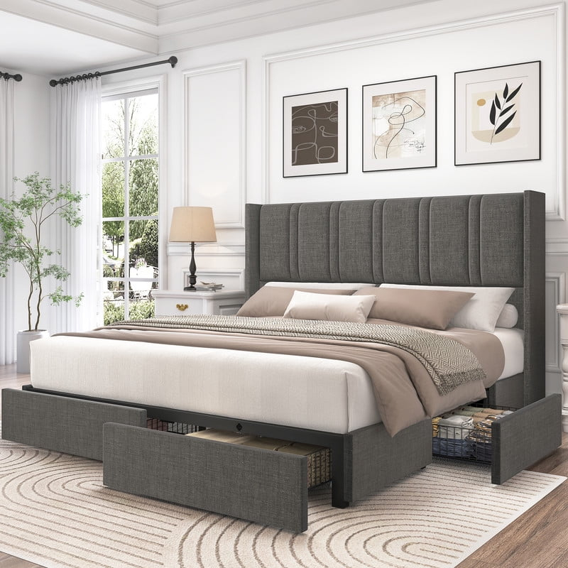Larmace Queen Size Bed Frame Upholstered Platform Beds With 4 Storage ... inside Platform Queen Bed With Drawers