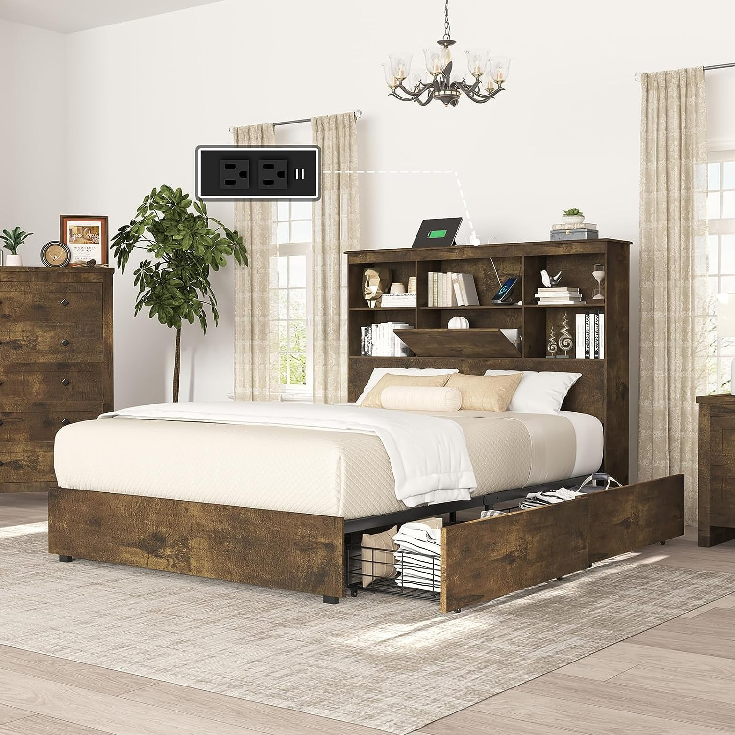 Luxoak King Size Bed Frame With Bookcase Headboard, Wooden Storage Bed ... pertaining to King Bed With Bookshelf Headboard