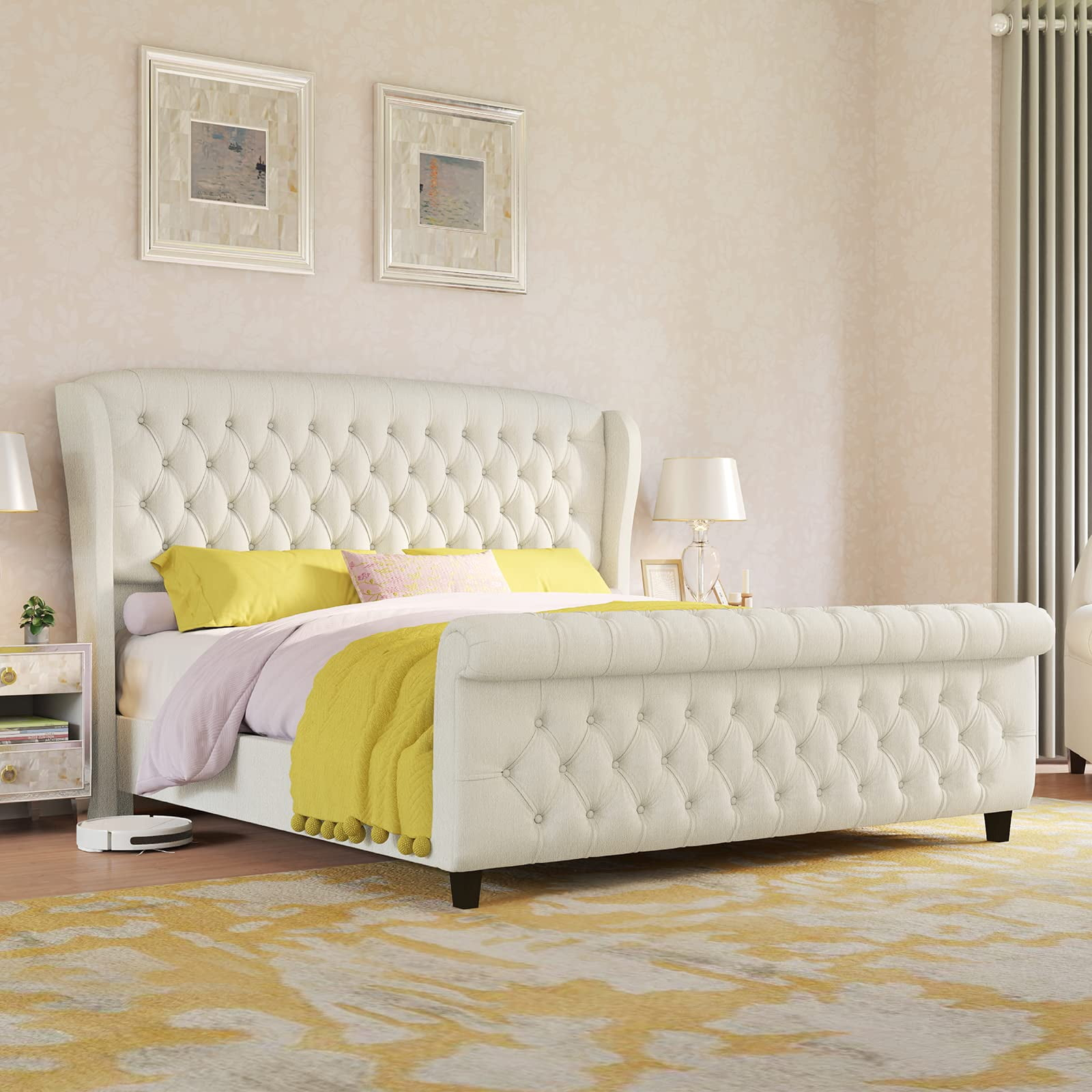 Luxoak Queen Size Platform Bed Frame, Chenille Upholstered Sleigh Bed ... in Understanding the anatomy of queen size sleigh bed frames