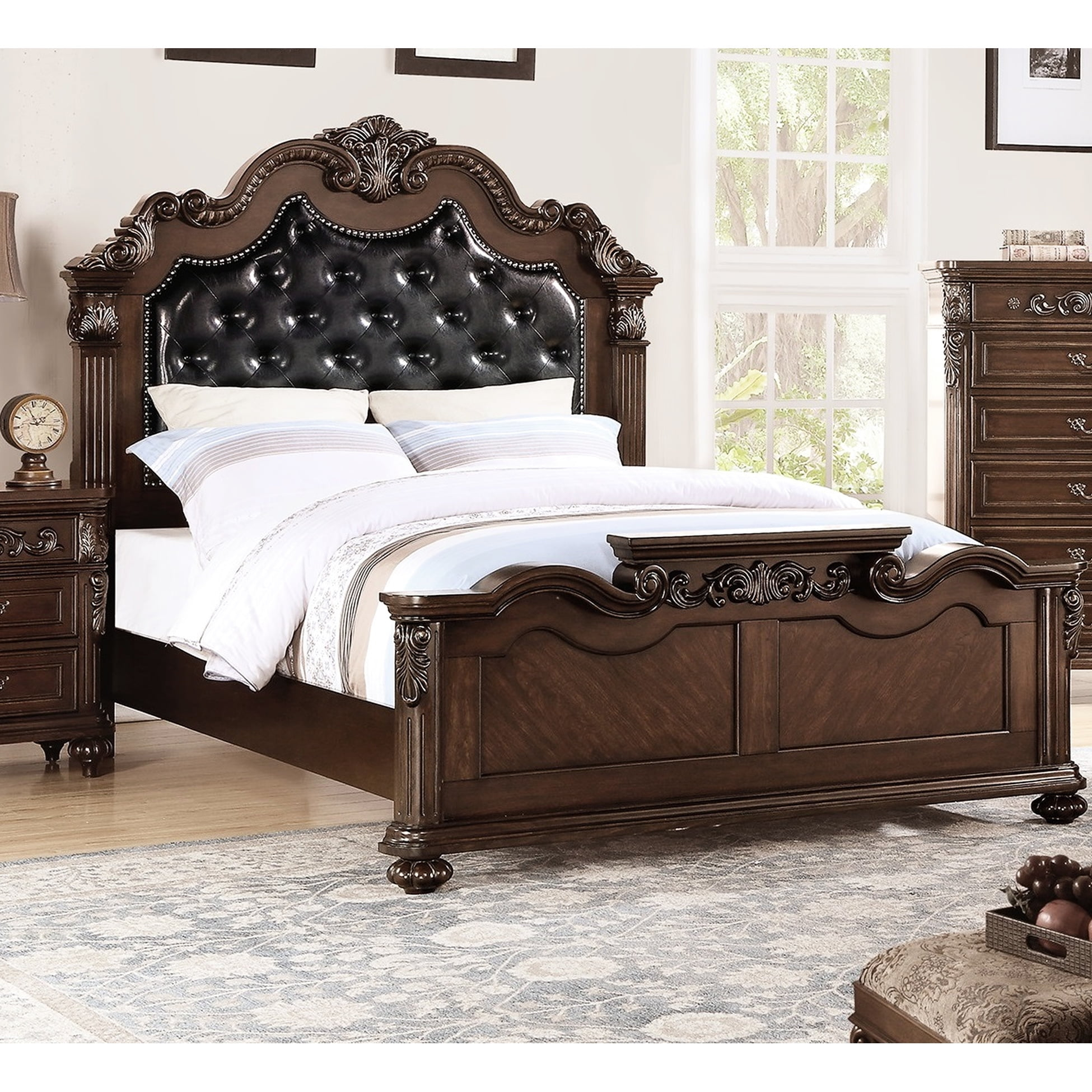 Luxury Antique Cherry Wooden Bedframe With Faux Leather Headboard For ... in Cherry Wood Bed Frame With Headboard