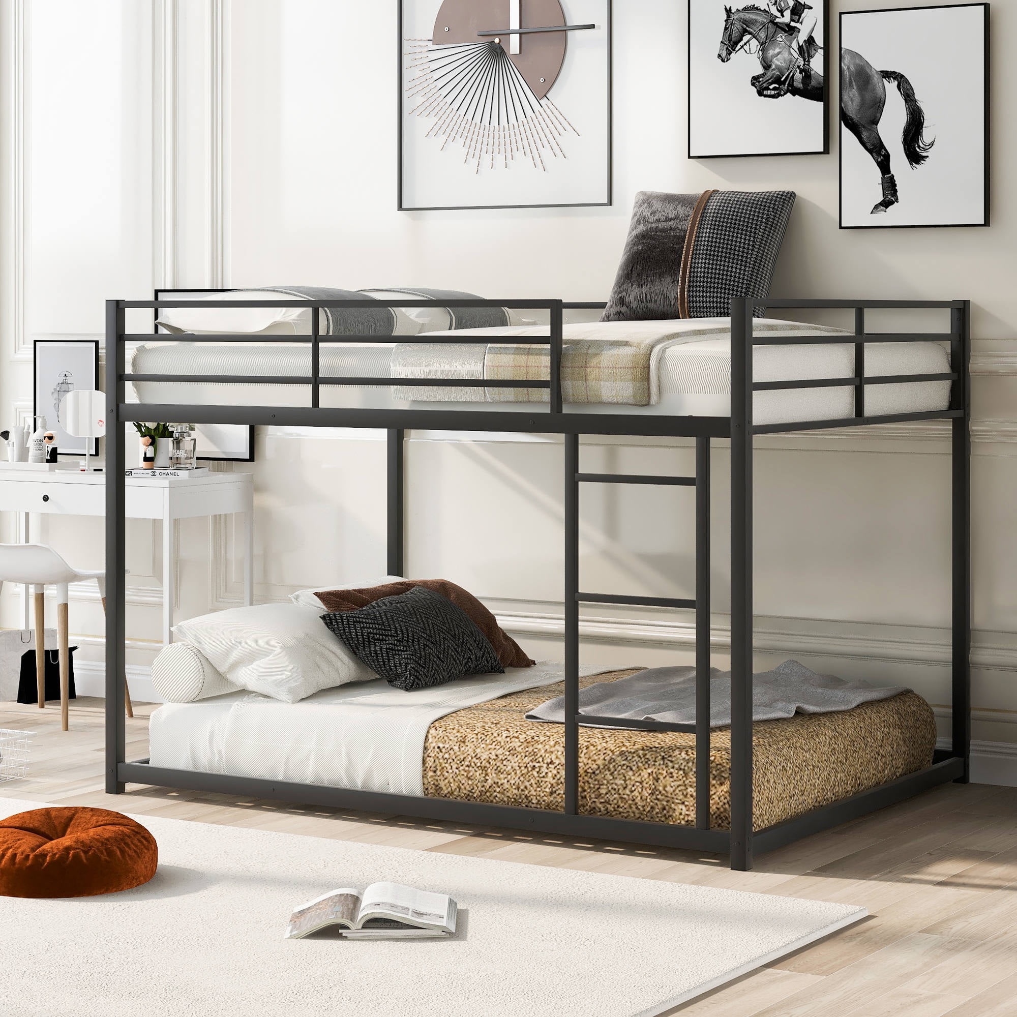 Metal Bunk Bed With Ladder, Full Over Full Low Bunk Bed With Safety ... regarding Full Over Full Low Bunk Bed