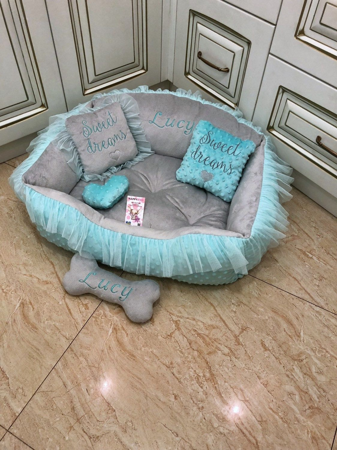 Mint & Gray Minky Fur Pet Bed: Luxury Dog Bed With Pillows - Etsy In ... throughout Custom Bed With Dog Bed