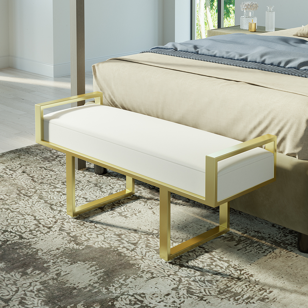 Modern Bedroom Bench White Linen Upholstered Ottoman Bench For End Of ... intended for White Bench For End Of Bed
