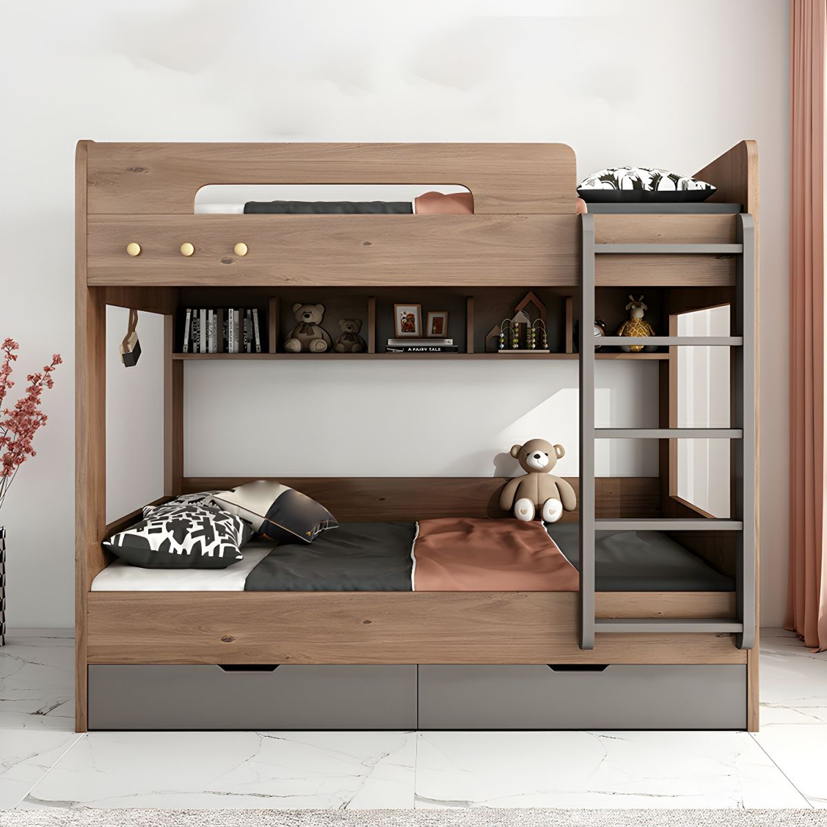 Modern Brown Wood Bunk Bed With Storage And Bookcase Included - Bunk ... within Transforming cramped dorm rooms into organized learning spaces with bunk bed bookshelf units