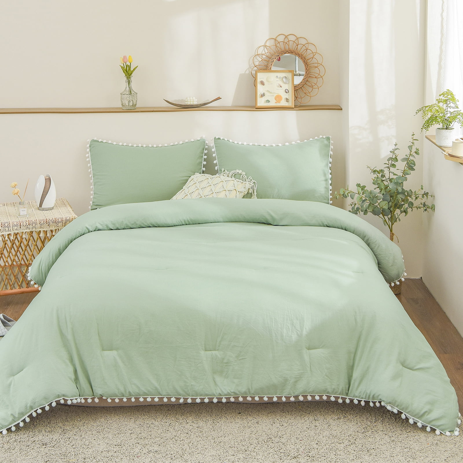Move Over Sage Green Comforter Set Queen, White Pom Poms Pattern, Boho ... pertaining to Creating Peaceful Sleep Spaces with White and Green Linens
